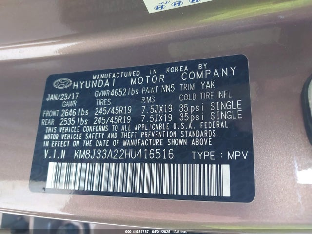KM8J33A22HU416516 Hyundai Tucson Limited
