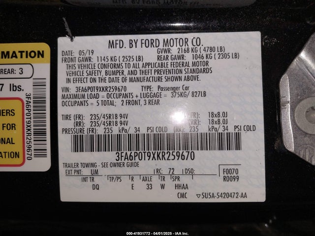 3FA6P0T9XKR259670 Ford FUSION SE