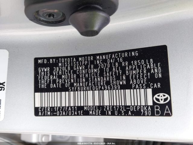 5YFBURHE0GP496399 Toyota COROLLA L
