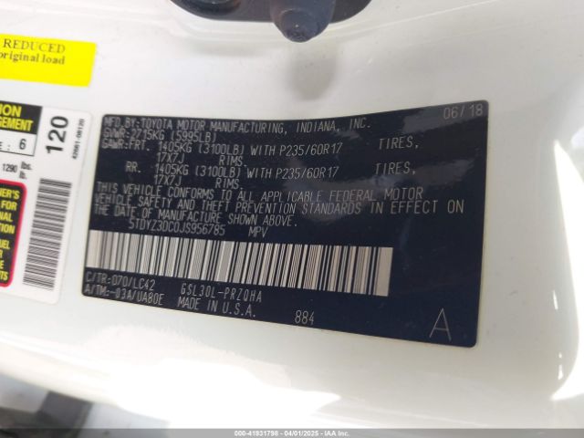 5TDYZ3DC0JS956785 Toyota Sienna Xle Premium 8 Passenger