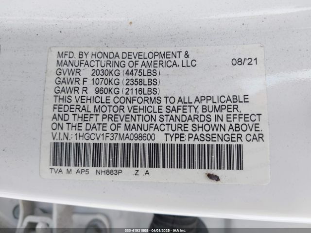 1HGCV1F37MA098600 Honda Accord Sport