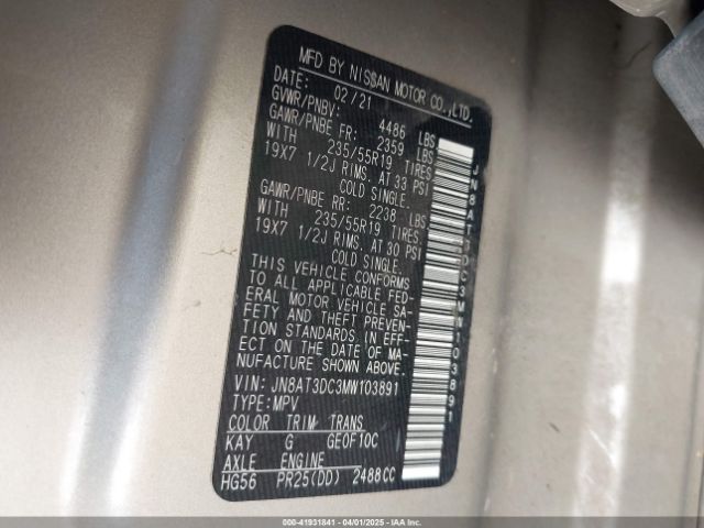 JN8AT3DC3MW103891 Nissan Rogue Platinum Fwd
