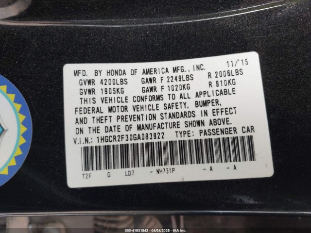 1HGCR2F30GA083922 Honda k24w1