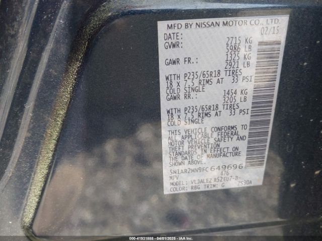 5N1AR2MN9FC649696 Nissan Pathfinder Platinum/s/sl/sv