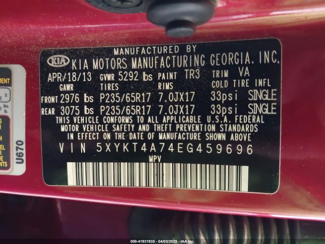 5XYKT4A74EG459696 KIA Sorento Lx V6