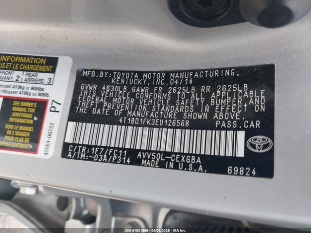 4T1BD1FK3EU126568 Toyota Camry Hybrid Xle