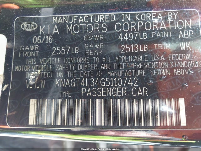 KNAGT4L34G5110742 KIA Optima Lx