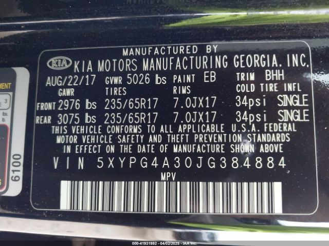 5XYPG4A30JG384884 KIA Sorento 2.4l Lx