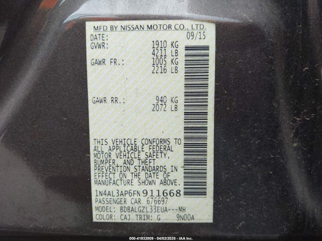 1N4AL3AP6FN911668 Nissan Altima 2.5 S