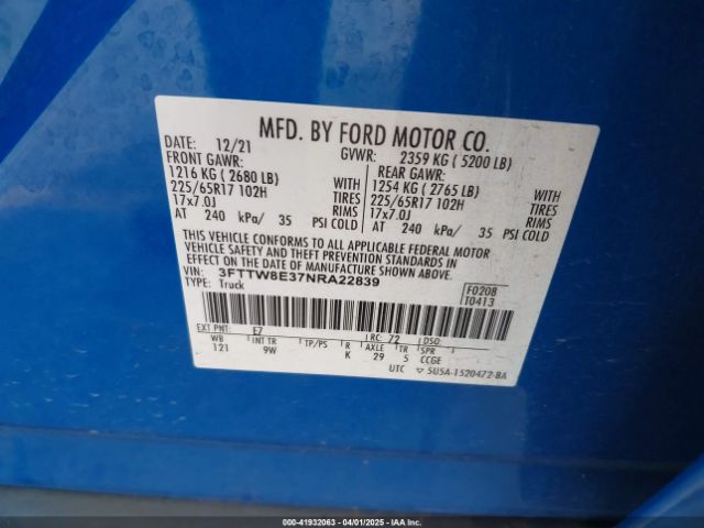 3FTTW8E37NRA22839 Ford Maverick Xl