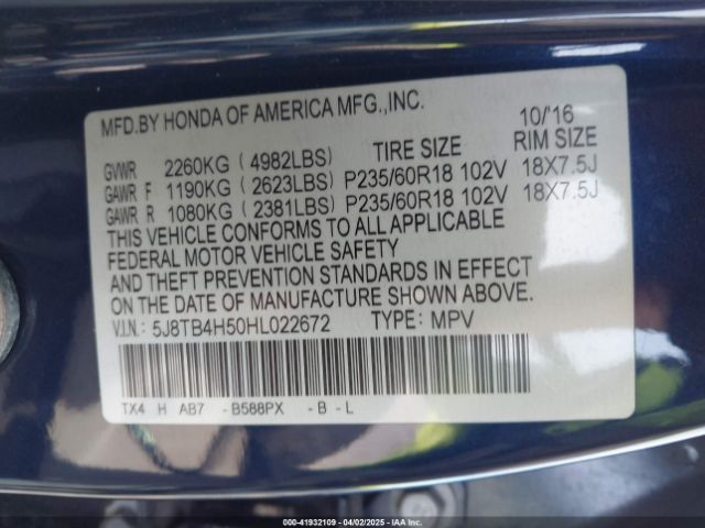5J8TB4H50HL022672 Acura Rdx Technology   Acurawatch Plus Packages/w/technology Package