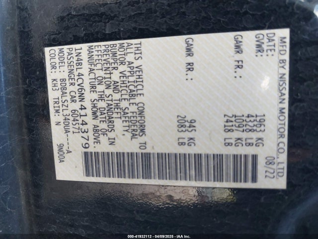 1N4BL4CV6NN414379 Nissan Altima Sr Fwd