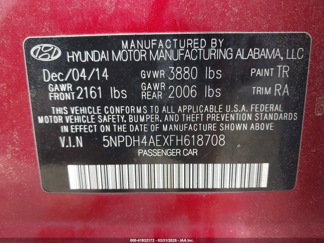 5NPDH4AEXFH618708 Hyundai ELANTRA SE
