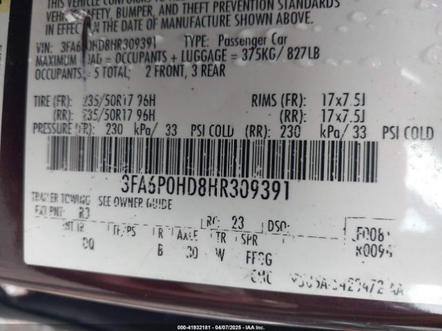 2017 FORD FUSION 3FA6P0HD8HR309391 Photo 8