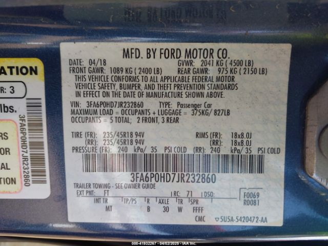 3FA6P0HD7JR232860 Ford FUSION SE