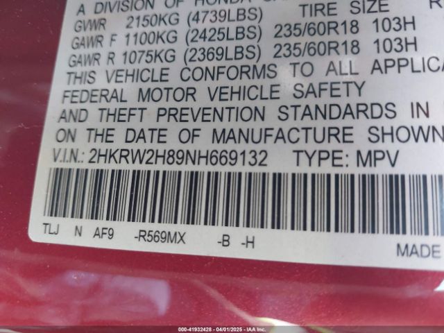 2HKRW2H89NH669132 Honda Cr-v Awd Ex-l