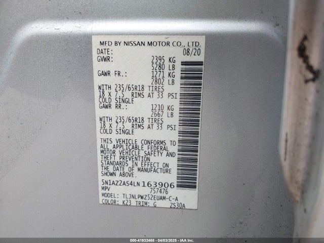 5N1AZ2AS4LN163906 Nissan Murano S Intelligent Awd