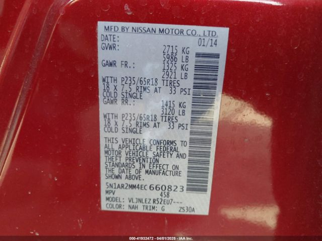 5N1AR2MM4EC660823 Nissan Pathfinder Platinum/s/sl/sv