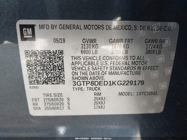 3GTP8DED1KG229179 GMC Sierra 1500 Slt