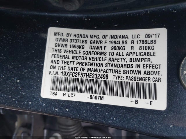Honda k20c2 2017 19XFC2F57HE232498 Image 9