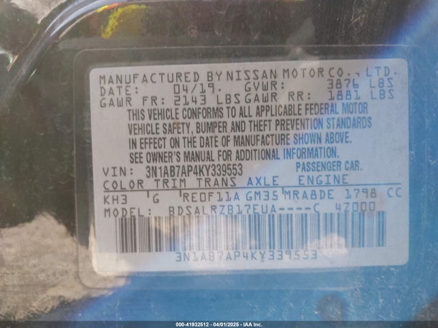 3N1AB7AP4KY339553 Nissan SENTRA SR