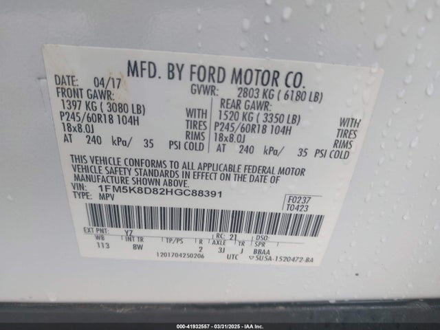 1FM5K8D82HGC88391 Ford EXPLORER XLT