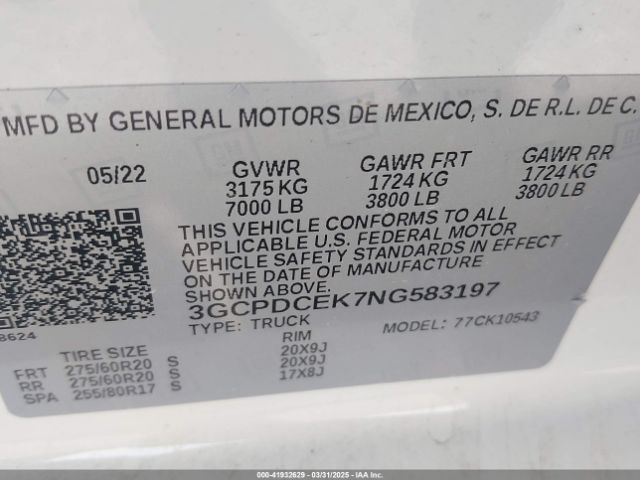 3GCPDCEK7NG583197 Chevrolet Silverado 1500 4wd  Short Bed Custom Trail Boss