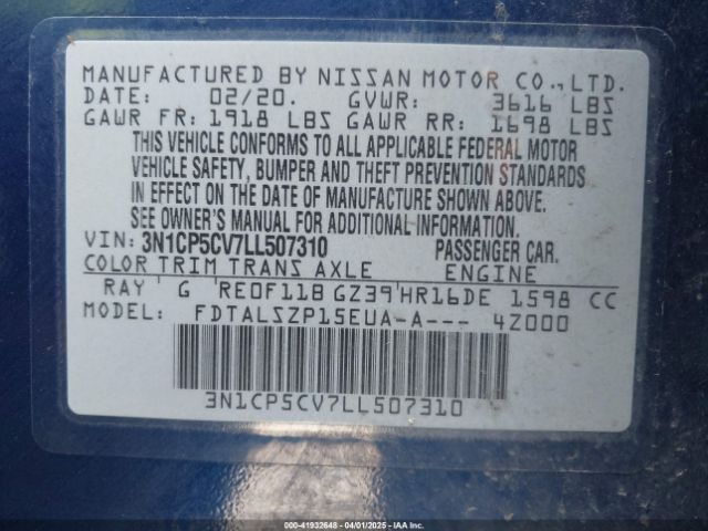 3N1CP5CV7LL507310 Nissan Kicks Sv Xtronic Cvt