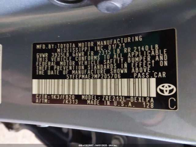 5YFEPMAE2MP205706 Toyota COROLLA LE