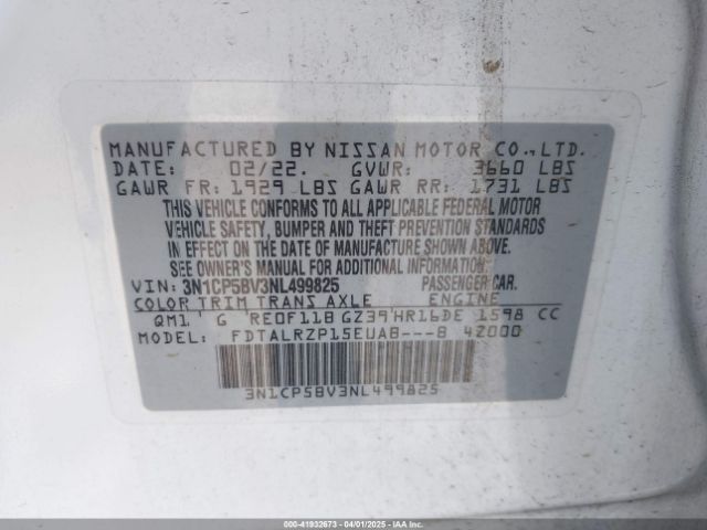 3N1CP5BV3NL499825 Nissan Kicks S Xtronic Cvt