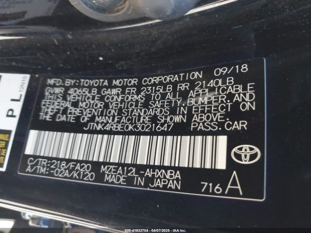 JTNK4RBE0K3021647 Toyota COROLLA SE