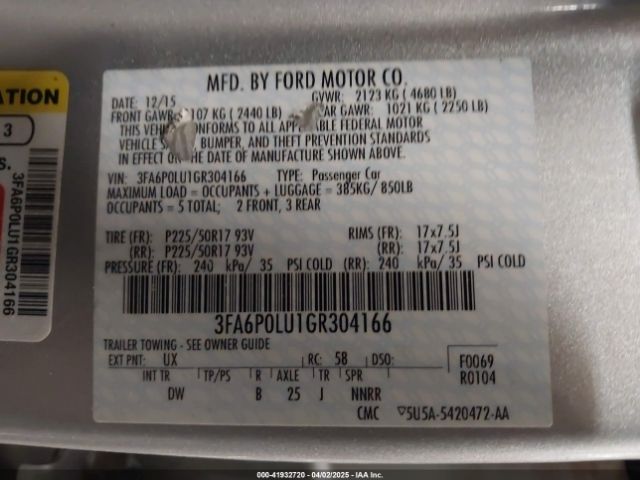 3FA6P0LU1GR304166 Ford Fusion Hybrid Se