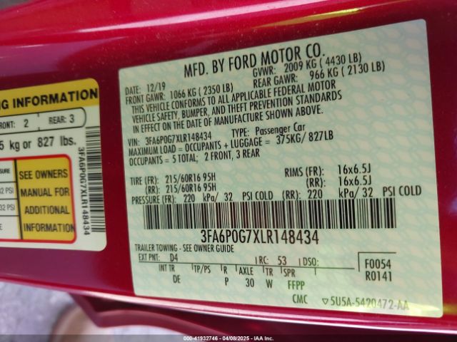 3FA6P0G7XLR148434 Ford FUSION S