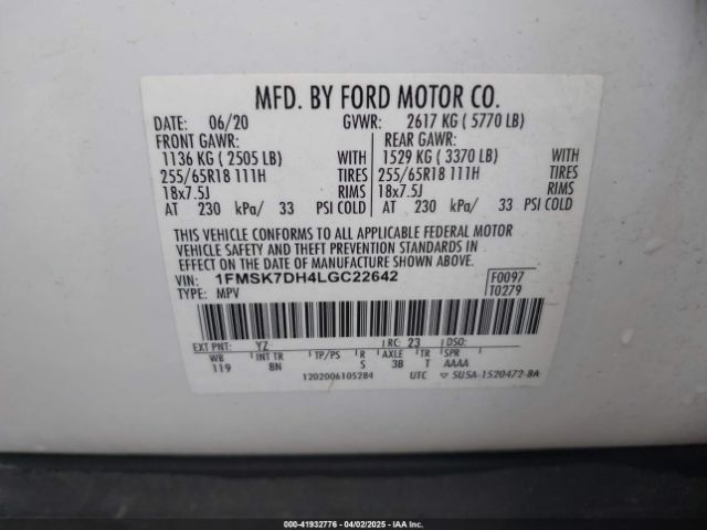 1FMSK7DH4LGC22642 Ford EXPLORER XLT