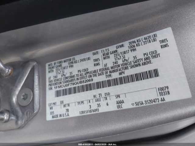 1FMCU0F79GUB52069 Ford ESCAPE S