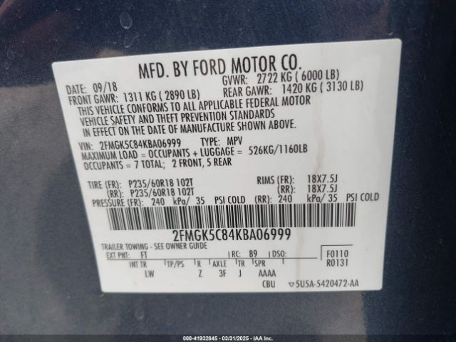 2FMGK5C84KBA06999 Ford FLEX SEL