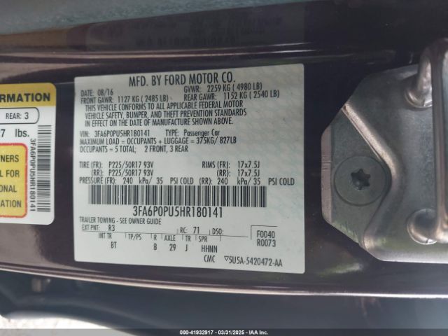3FA6P0PU5HR180141 Ford Fusion Energi Se Luxury