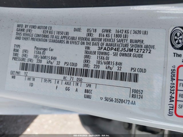 Ford 1.6l ti-vct 2018 3FADP4EJ5JM127272 Image 9