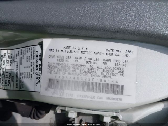 2003 MITSUBISHI GALANT 4A3AA46G23E194144 Photo 8