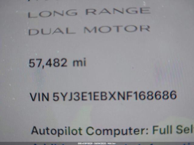 5YJ3E1EBXNF168686 Tesla Model 3 Long Range Dual Motor All-wheel Drive