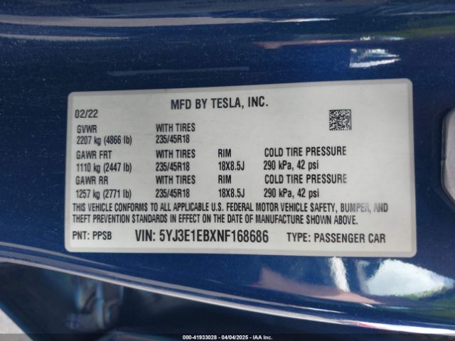 5YJ3E1EBXNF168686 Tesla Model 3 Long Range Dual Motor All-wheel Drive