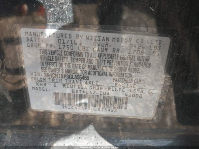 3N1CN7AP3GL855455 Nissan Versa 1.6 S+