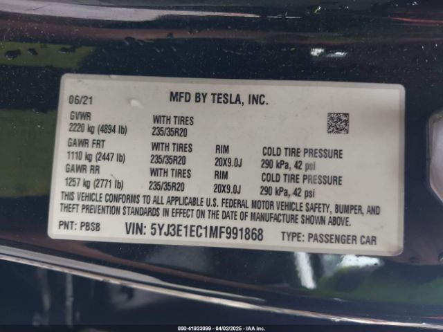 5YJ3E1EC1MF991868 Tesla Model 3 Performance Dual Motor All-wheel Drive