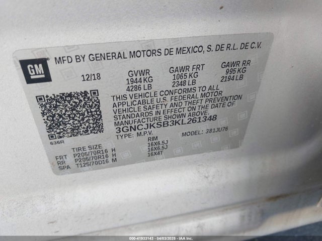 3GNCJKSB3KL261348 Chevrolet TRAX LS