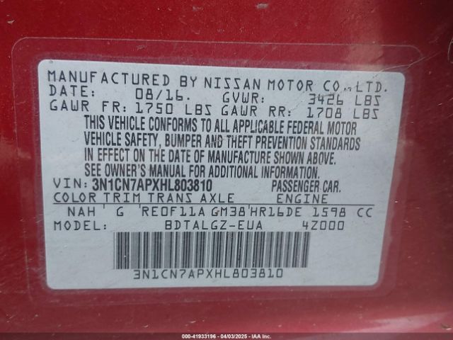 3N1CN7APXHL803810 Nissan Versa 1.6 Sl