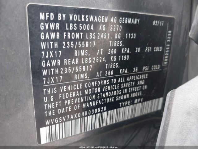 WVGSV7AX0HK030528 Volkswagen Tiguan 2.0t Wolfsburg Edition