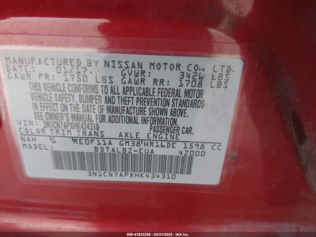 3N1CN7APXHK434310 Nissan 2017