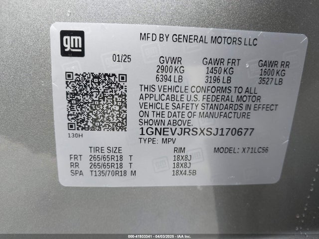 1GNEVJRSXSJ170677 Chevrolet Traverse Awd Z71