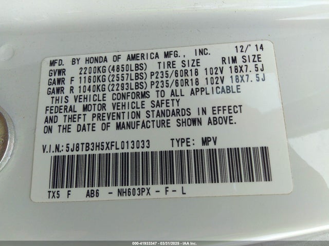 Aukcja sprzedaży 2015 Acura Rdx, vin: 5J8TB3H5XFL013033, numer aukcji: 41933347