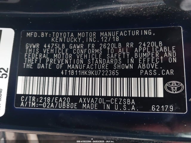 4T1B11HK9KU722365 Toyota CAMRY SE